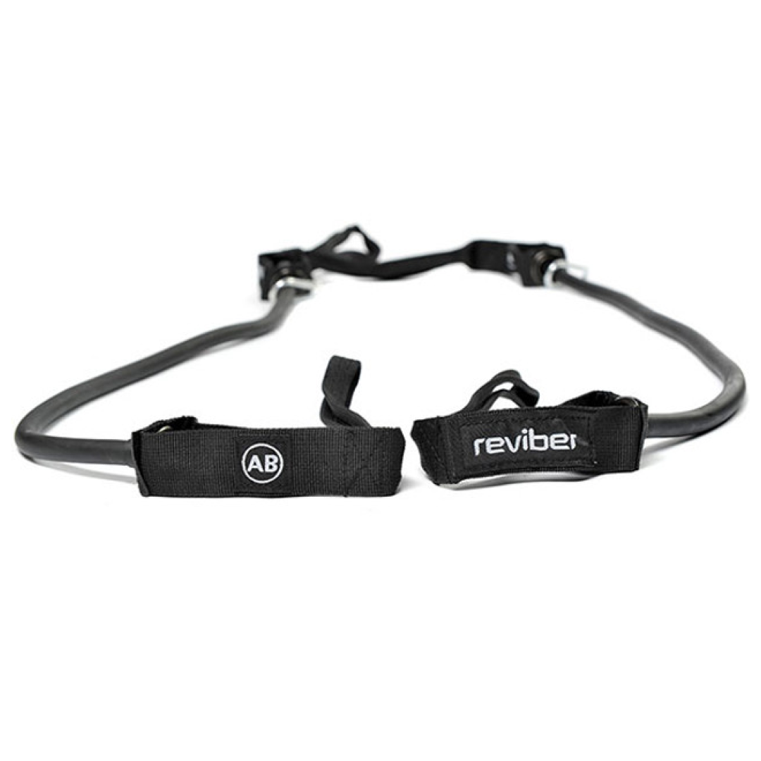 Reviber Fusion Abdominal Workout bands with handles and abdominal straps, featuring AB and Reviber logos, are shown on a white background—perfect for effective core and ab workouts.