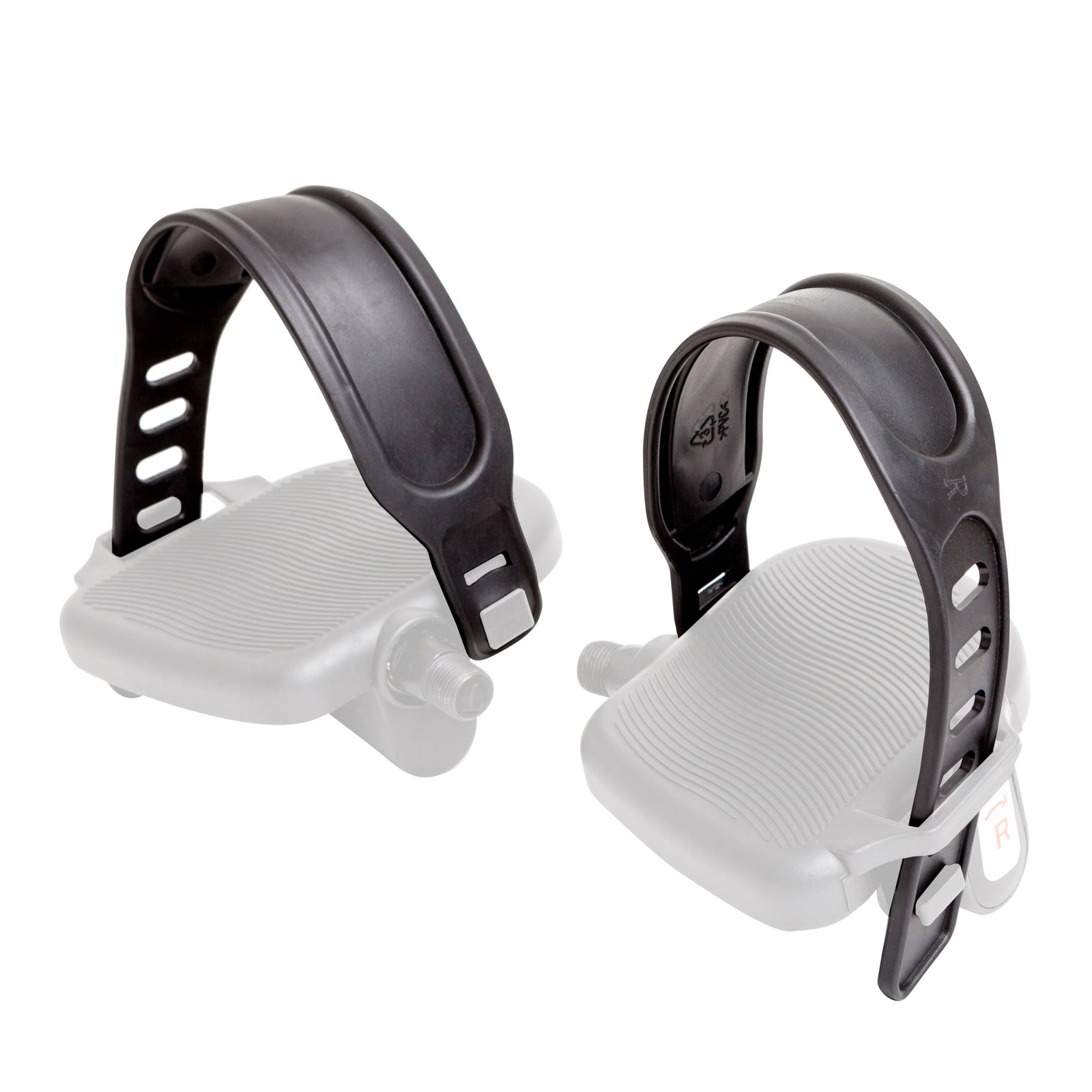 Two black Reviber Mini Motorised Exercise Bike Pedal Straps are attached upright with adjustable notches to grey pedals, shown on a white background.