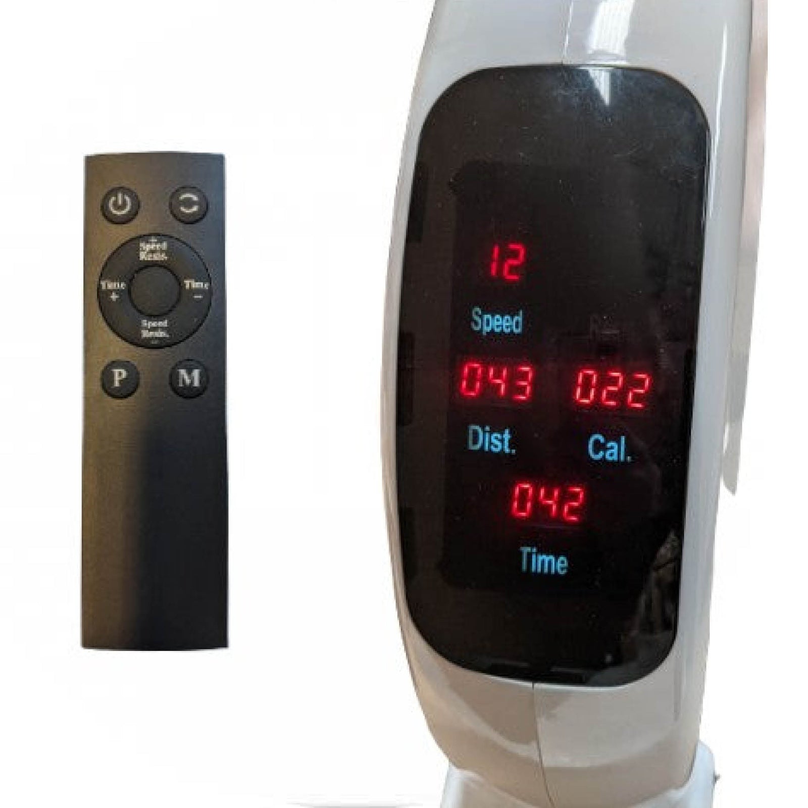 A close-up of the Reviber Mini Bike PRO’s digital display shows speed, distance, calories, and time in red numbers, plus a black remote for power, mode, speed, and time—ideal for low-impact rehabilitation with motorised or manual resistance.