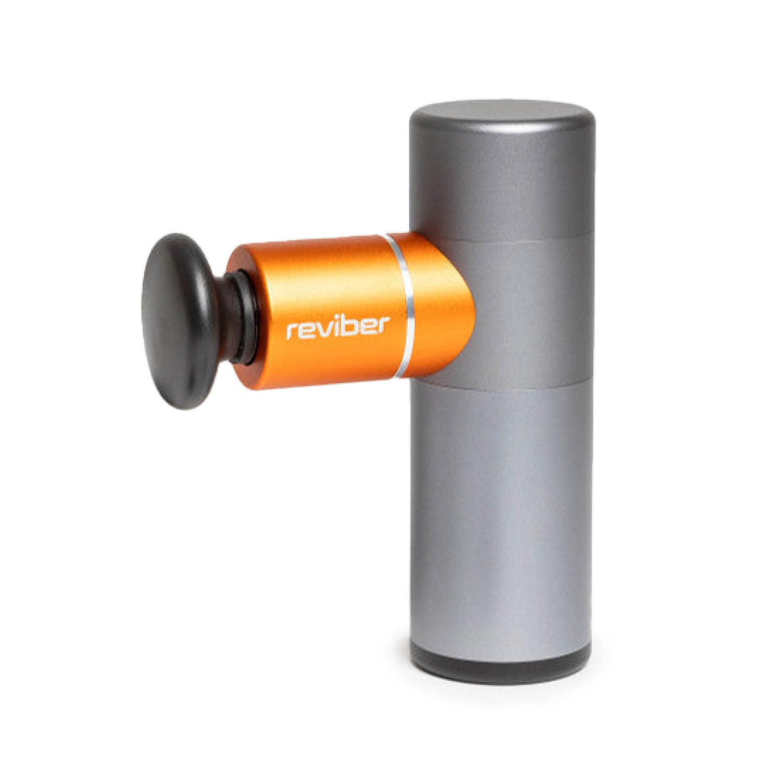 The Reviber Mini Massage Gun With Heat Therapy by Reviber is a compact handheld massager with a sleek silver body, orange accents, and a black round head for deep tissue massage.